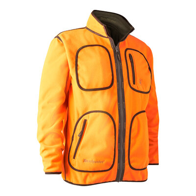 Pánska obojstranná bunda Deerhunter Gamekeeper Bonded reversible Orange s oranžovou stranou, elastickou tkaninou, tromi prednými vreckami na zips a semišovým lemovaním.