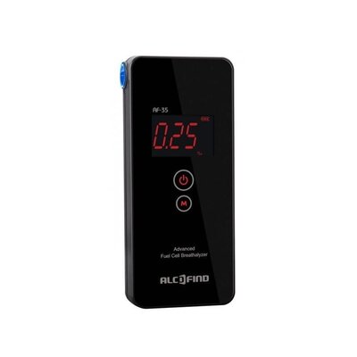 Alkoholtester AF-35C s digitálnym displejom ukazujúcim hodnotu 0,25 promile. Obsahuje tlačidlá na zapnutie a ovládanie, čierny dizajn s logom AlcoFind.