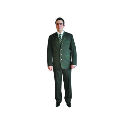 Muž oblečený v elegantnom tmavozelenom poľovníckom saku BORIS s ozdobným vyšívaním a parohovými gombíkmi, doplnené kravatou a nohavicami.