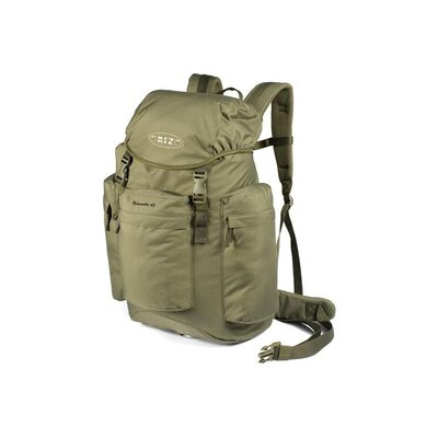 Poľovnícky ruksak ORIZO Z045 Marmotta, zelená farba, tri predné vrecká, nastaviteľné popruhy a bedrový pás, materiál Cordura, kapacita 45 litrov.