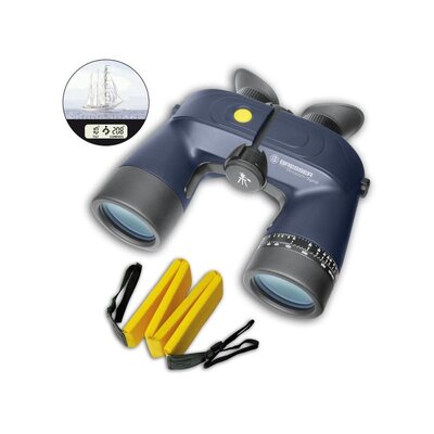 Ďalekohľad Bresser Binocom 7x50 DCS s digitálnym kompasom a plávajúcim popruhom, modrý dizajn s optikou BaK-4 a FMC vrstvami.