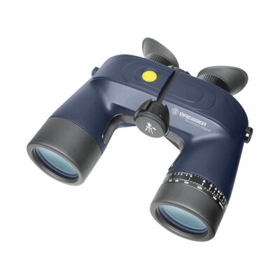Vodotesný binokulár Bresser Binocom 7x50 DCS s digitálnym kompasom a zámerným krížom, plnený dusíkom, čierno-modrý dizajn.