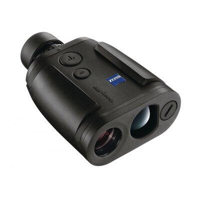Ďalekohľad ZEISS Victory 8x26T* PRF s integrovaným laserovým diaľkomerom. Kompaktný čierny dizajn s modrým logom ZEISS. Dva tlačidlá na vrchnej strane a objektívy vpredu.