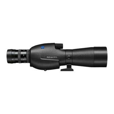 Ďalekohľad ZEISS Diascope 65T* FL s priamym okulárom, čierny, na bielom pozadí.
