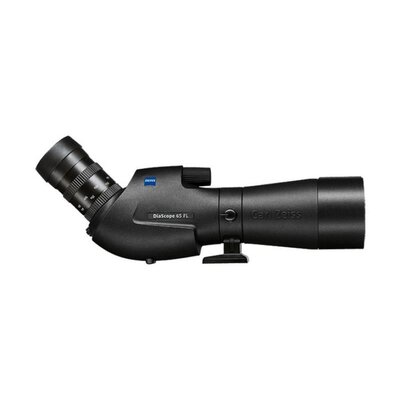 Ďalekohľad ZEISS Diascope 65T* FL s priamym okulárom, čiernej farby, s logom Carl Zeiss a DiaScope 65 FL nápisom na tele zariadenia. Má nastaviteľný okulár a robustné telo.