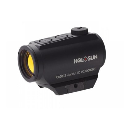Kolimátor HOLOSUN HS403A s červeným bodom 2MOA, kompaktný dizajn bez externého uloženia batérie, vyrobený z hliníka, čiernej farby, s integrovanými tlačidlami na nastavenie jasu.