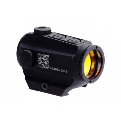 Kolimátor HOLOSUN HS403A s červeným bodom 2MOA a hliníkovým tubusom. Má nastaviteľný jas a životnosť batérie 50 000 hodín. Kompaktný dizajn s batériou umiestnenou v základni.