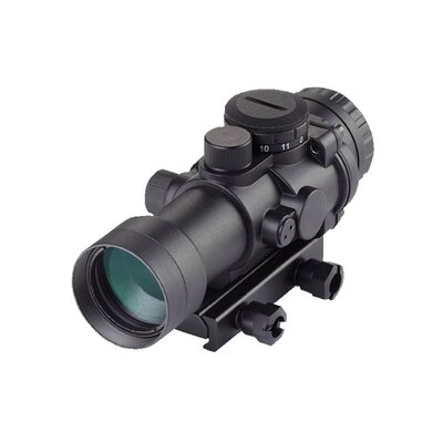 Kolimátor Bering Optics Prismatic Supra 3,0x so zväčšením, čierny, s robustným hliníkovým telom a montážou Picatinny.