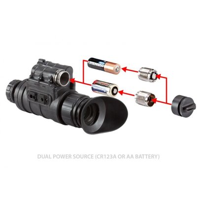 Nočné videnie Armasight Sirius Gen 2+ SDi MG s možnosťou napájania z batérií AA alebo CR123A, vrátane adaptérov na batérie a ochranného krytu.