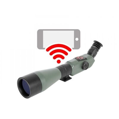 Smart spektív ATN X-SPOTTER HD 20-80x s bezdrôtovým pripojením k mobilnému zariadeniu, zelený dizajn s čiernym okrajom objektívu, ovládacie tlačidlá na tele zariadenia.
