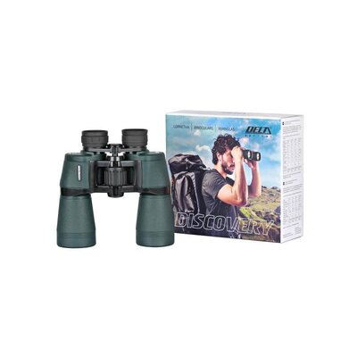 Delta Optical Discovery 16x50 ďalekohľad vedľa krabice s obrázkom turistu používajúceho ďalekohľad, zelená pogumovaná konštrukcia, veľké objektívy.