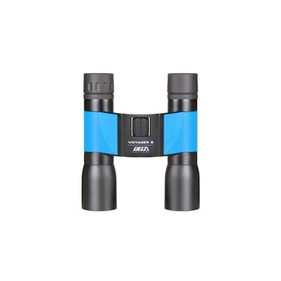 Ďalekohľad Delta Optical Voyager S 10x32 s modrými pogumovanými časťami, kompaktný dizajn, vhodný na turistiku a pozorovanie prírody.