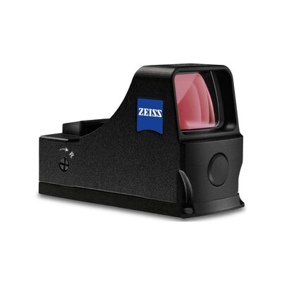 Kolimátor Zeiss Compact Point s čiernym telom a červeným objektívom, značky ZEISS, z bočného pohľadu.