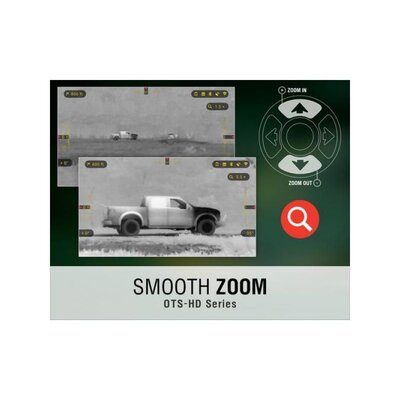 Termovízia ATN OTS-HD 384 2-8x s funkciou plynulého zoomu zobrazuje vozidlo v teréne. Zobrazovací panel ukazuje možnosti priblíženia a ovládacie prvky pre zoom. Termovízia je známa svojou vysokou kvalitou obrazu a detekciou na veľké vzdialenosti.