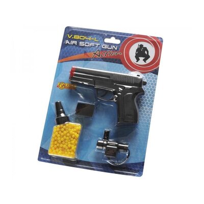 Manuálna airsoftová zbraň V-804 L od značky Villa Giocattoli s kalibrom 6mm, obsahujúca zásobník na 10 nábojov a žlté plastové guličky. Zbraň má čierny dizajn s červeným zakončením hlavne.