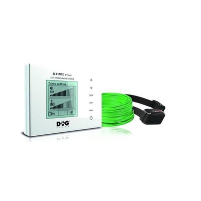 Elektronický neviditeľný plot Dogtrace d-fence 2002 s podsvieteným displejom, zeleným drôtom a čiernym obojkom.