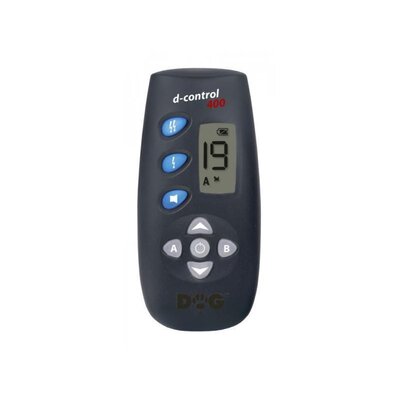 Vysielač d-control 400 s podsvieteným LCD displejom a tlačidlami na ovládanie korekčného impulzu a prepínanie medzi psami A a B.