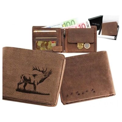 Kožená peňaženka s poľovníckym motívom jeleňa, s viacerými priehradkami na karty a zipsom na mince. Rozmery 14x12 cm, vyrobená z oderu odolnej kože, prémiová kvalita.