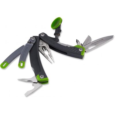 Multifunkčné kliešte GERBER STEADY TRIPOD MULTI-TOOL s rôznymi nástrojmi vrátane noža, skrutkovačov, štípacích klieští a držiaka na telefón.