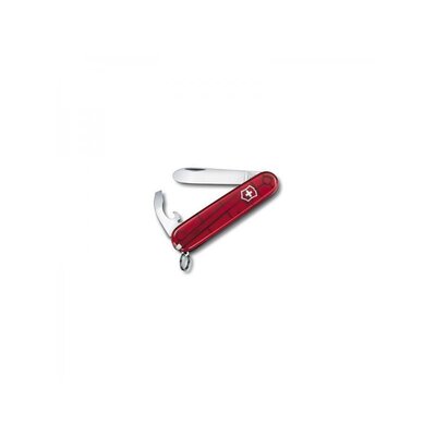Detský vreckový nôž Victorinox My First s červenou priehľadnou črienkou a 8 funkciami, vrátane uzatváracej čepele bez špičky a otváraka na fľaše.