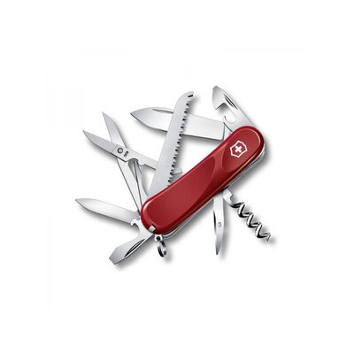 Vreckový nôž Victorinox Evolution 17 so 15 funkciami, vrátane nožníc, pílky a vývrtky, s červenou plastovou črienkou.