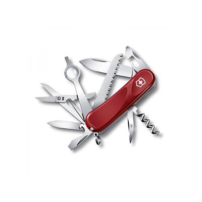 Vreckový nôž Victorinox Evolution 23 s 17 funkciami, červený, rozložený s viditeľnými nástrojmi ako čepeľ, píla, nožnice, otvárače, vývrtka a lupa.