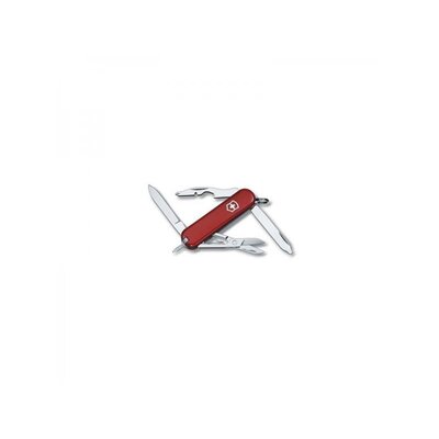 Červený vreckový nôž Victorinox Manager s 10 funkciami, vrátane čepele, nožníc, pilníka na nechty, skrutkovača a otváraka na fľaše.