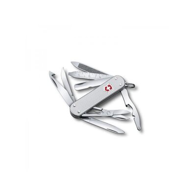 Vreckový nôž Victorinox MiniChamp s 14 funkciami a hliníkovou črienkou v striebornej farbe, rozložený s viditeľnými nástrojmi ako čepeľ, nožnice, pilník na nechty a otvárač na fľaše.