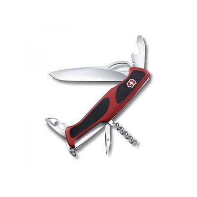 Vreckový nôž Victorinox Rangergrip 61 s veľkou uzatváracou čepeľou, otvárakmi na konzervy a fľaše, vývrtkou a ďalšími funkciami, črienka plastová pogumovaná, červená farba s čiernym detailom.