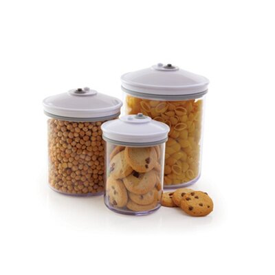 Sada troch oválnych nádob Foodsaver naplnených rôznymi potravinami, ako sú cestoviny, sušienky a strukoviny. Nádoby sú priehľadné s bielymi viečkami a sú vhodné na skladovanie potravín v chladničke aj špajze.