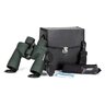 Ďalekohľad Delta Optical Titanium 8x42 s kompletným príslušenstvom vrátane čistiacej handričky, popruhu a puzdra na čiernom pozadí.