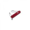Detský vreckový nôž Victorinox My First s červenou priehľadnou črienkou a 8 funkciami, vrátane uzatváracej čepele bez špičky a otváraka na fľaše.