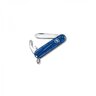 Detský vreckový nôž Victorinox My First v modrej priehľadnej farbe s otvorenou čepeľou a otváračom na fľaše, veľkosť 84 mm, s nerezovým krúžkom na kľúče.
