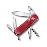 Vreckový nôž Victorinox Evolution 10.600 s červenou plastovou črienkou, rozložený so všetkými 13 funkciami, vrátane čepele, vývrtky a otváračov.
