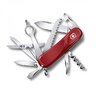 Vreckový nôž Victorinox Evolution 23 s 17 funkciami, červený, rozložený s viditeľnými nástrojmi ako čepeľ, píla, nožnice, otvárače, vývrtka a lupa.