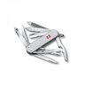 Vreckový nôž Victorinox MiniChamp s 14 funkciami a hliníkovou črienkou v striebornej farbe, rozložený s viditeľnými nástrojmi ako čepeľ, nožnice, pilník na nechty a otvárač na fľaše.