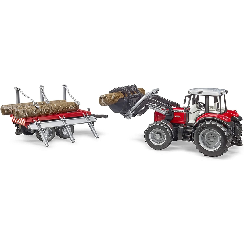 Traktor Massey Ferguson 7480 z czołowym ładowaczem i przyczepą do drewna BRUDER 1